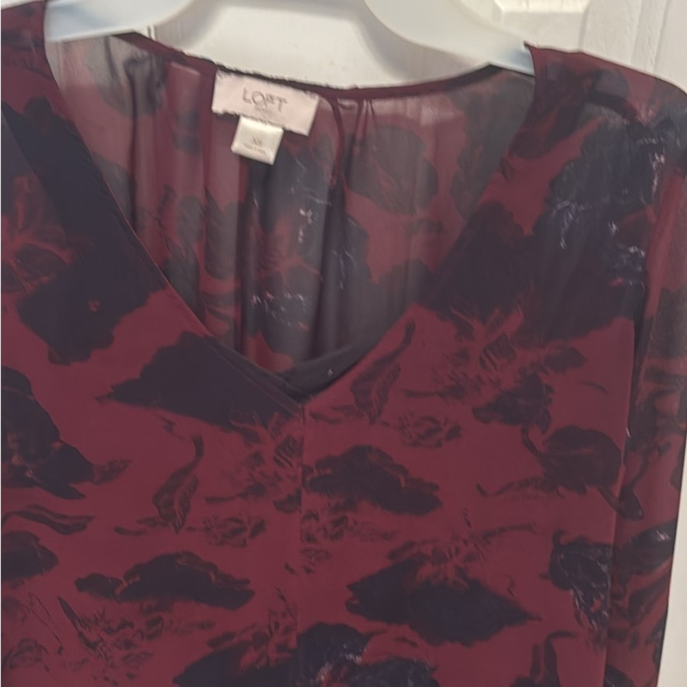 LOFT Maroon and Navy Patterned Top